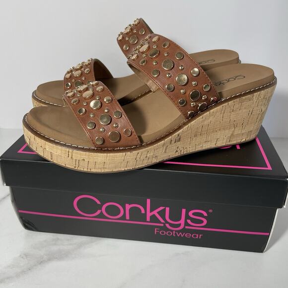 Corky’s BAD HABIT Slide Wedge Sandals Women’s Size 10 Brown Gold Stud Straps NEW - Picture 1 of 12